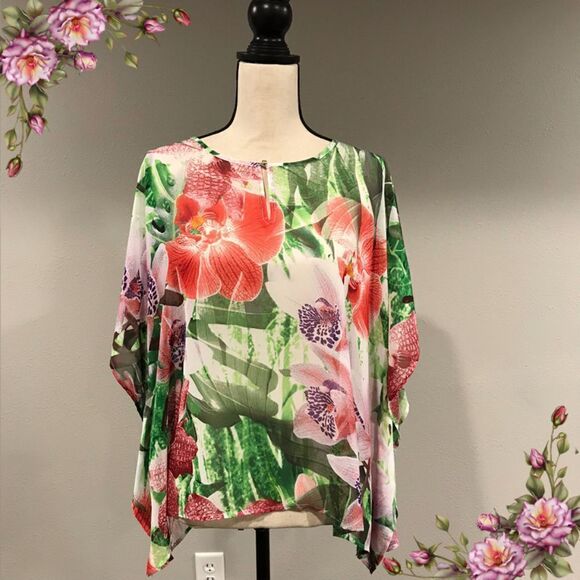 Floral orchid semi sheer bat sleeve love fit flow top - Picture 1 of 8